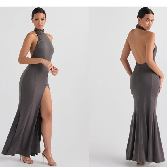 House Of CB Juliette Shadow‎ Halter Gown gray Maxi gown NWOT size Large